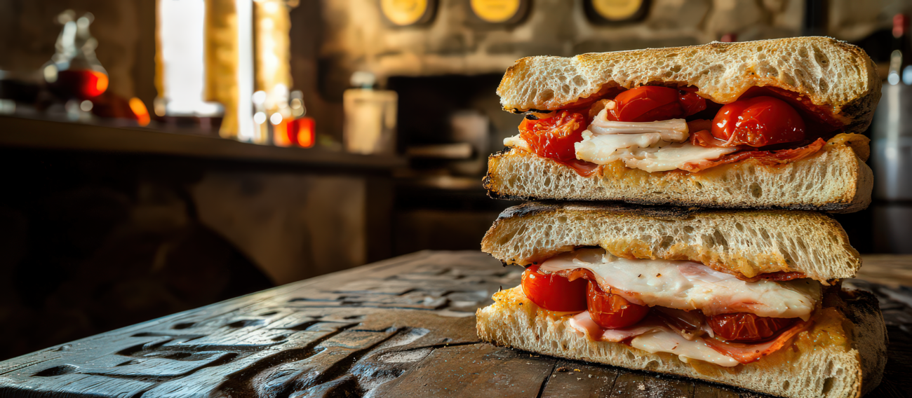 Focaccia with tomatoes and lardo di Colonnata IGP