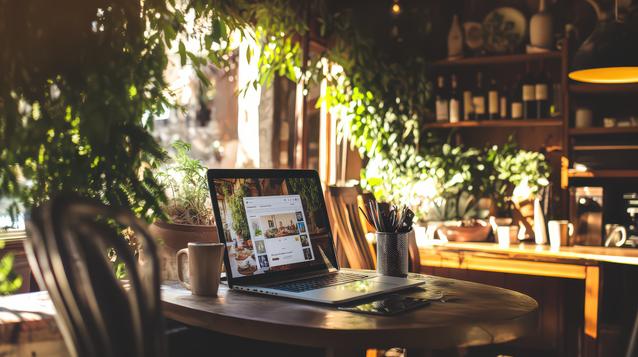 Computer on a wooden table in a Tuscany trattoria